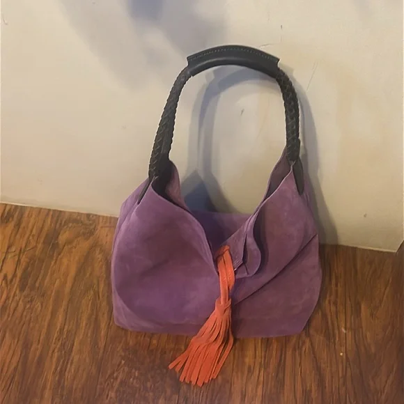 Uno Alla Volta Florentine Suede Leather Purple/orange tassel Bucket Bag - Picture 3 of 13
